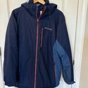 Columbia Dark Blue Winter Coat with Red Trim, Medium